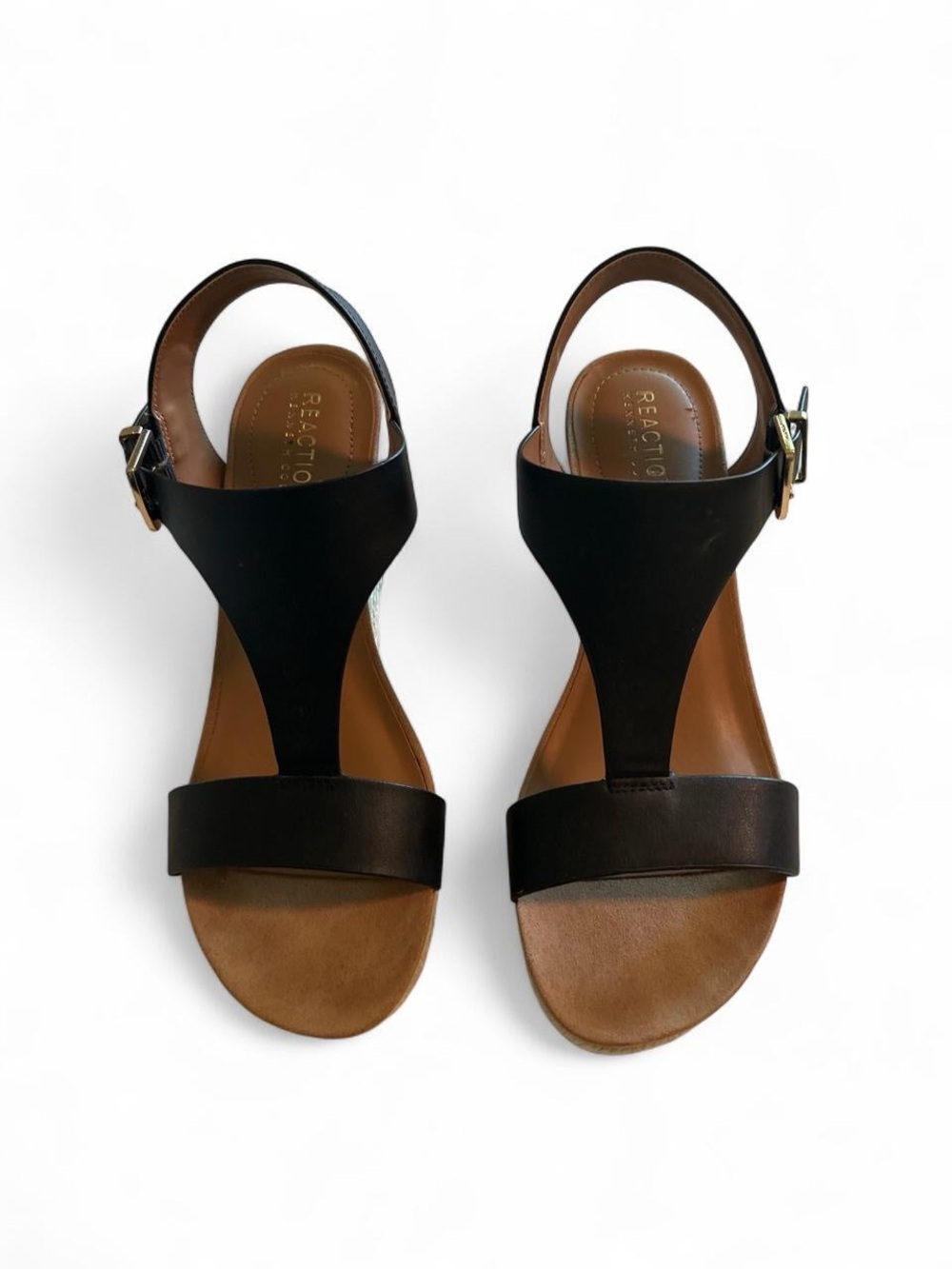 Reaction Kenneth Cole Black Leather T-Strap Sandals with Tan Footbed